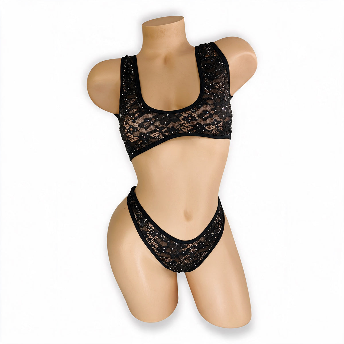 Front view of Caroline black rhinestone lace bralette set on mannequin, scoop neck lace top and thong with clear and AB rhinestones