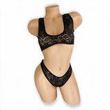 Front view of Caroline black rhinestone lace bralette set on mannequin, scoop neck lace top and thong with clear and AB rhinestones