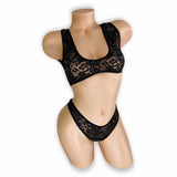 Three-quarter view of Caroline black rhinestone lace bralette and thong on mannequin, exotic dancewear