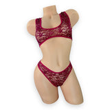 Caroline burgundy lace rhinestone set with racerback bra and high-waisted thong, flat lay front view — Golddiggers Boutique exotic dancewear