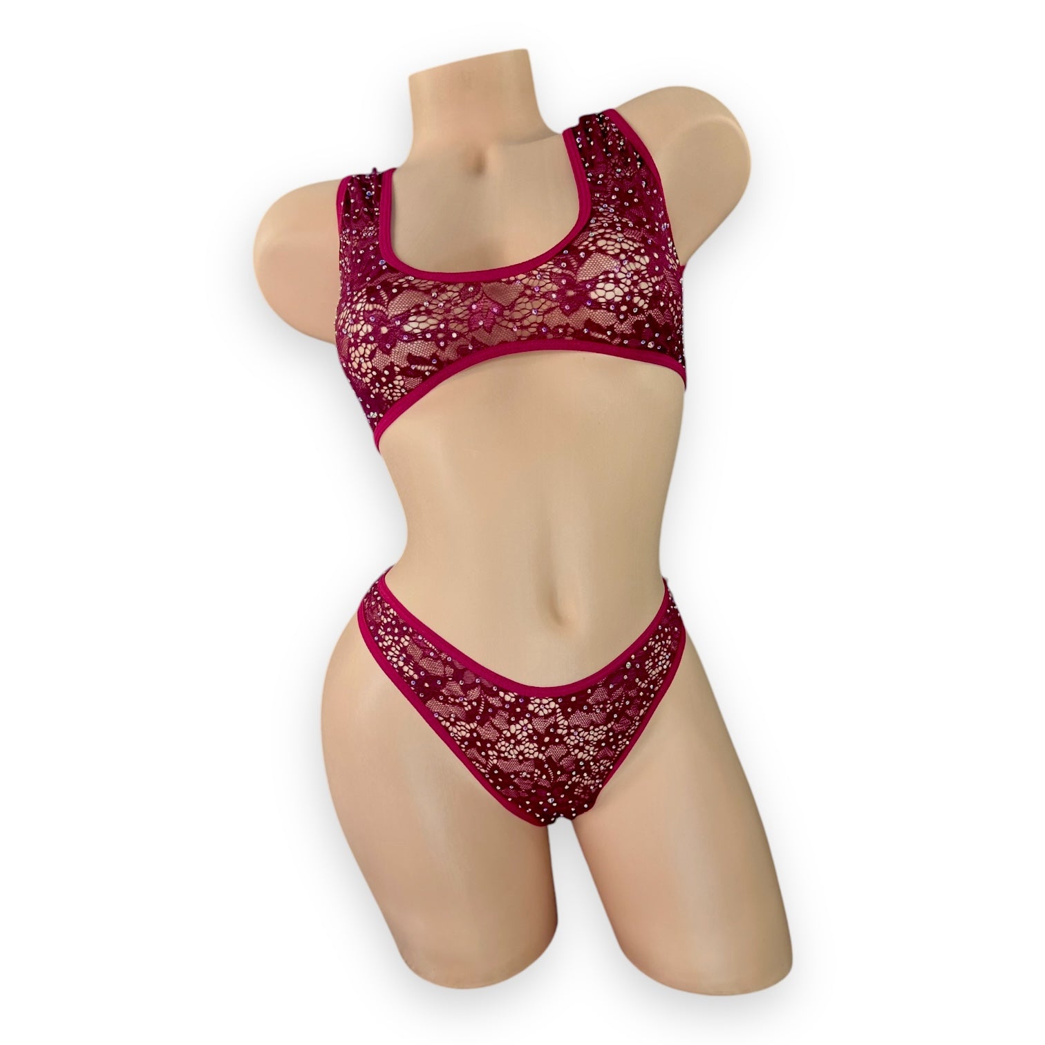 Caroline burgundy lace rhinestone set with racerback bra and high-waisted thong, flat lay front view — Golddiggers Boutique exotic dancewear