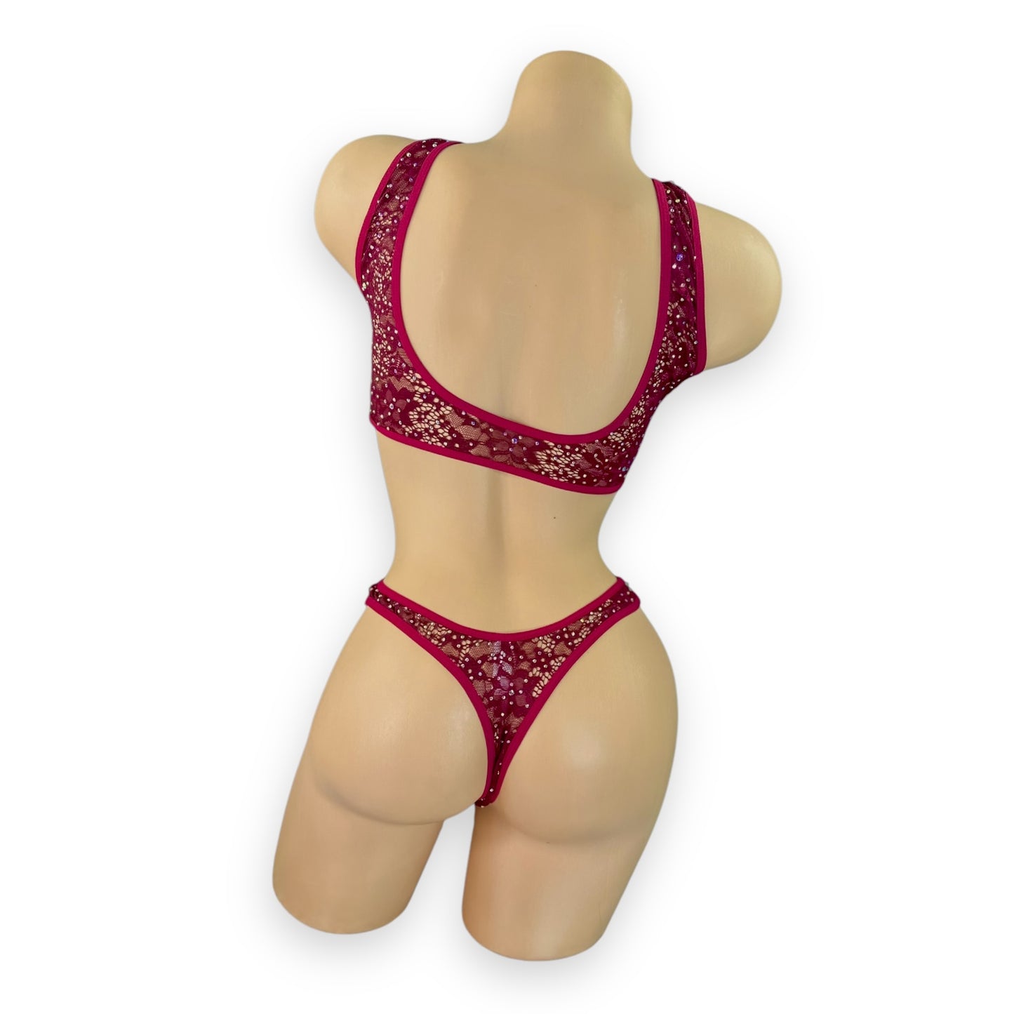 Caroline burgundy lace set flat lay back view showing racerback bra — Golddiggers Boutique exotic dancewear