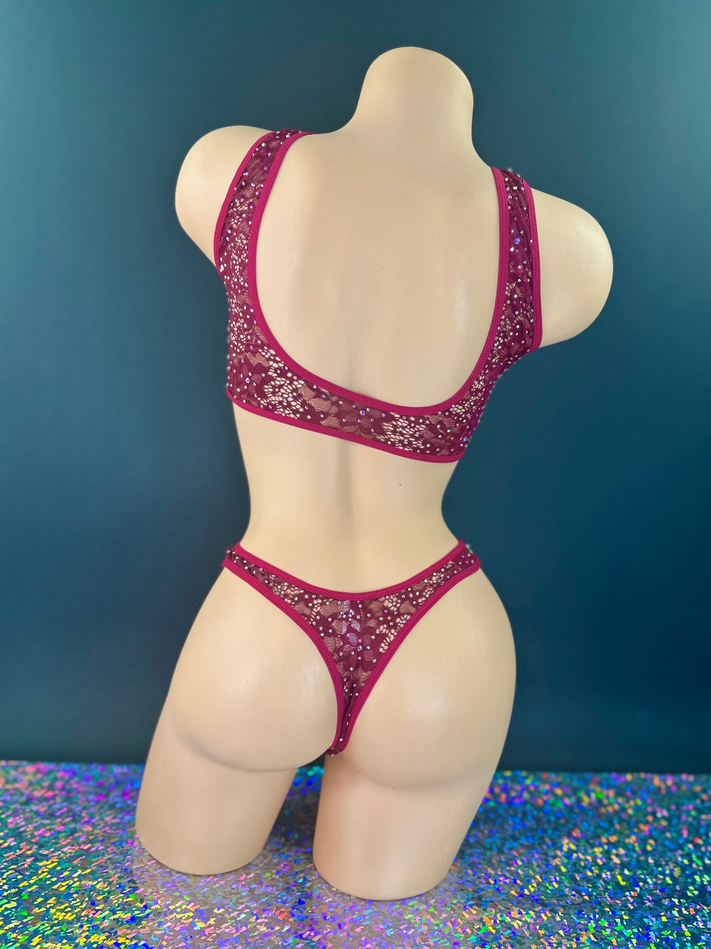 Caroline burgundy lace set back view on mannequin showing racerback design — Golddiggers Boutique
