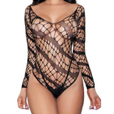 Front view of woman wearing black diagonal web fishnet bodysuit with off-shoulder neckline