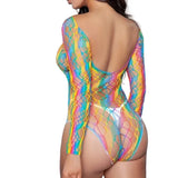 Back view of woman wearing rainbow diagonal web fishnet bodysuit with long sleeves