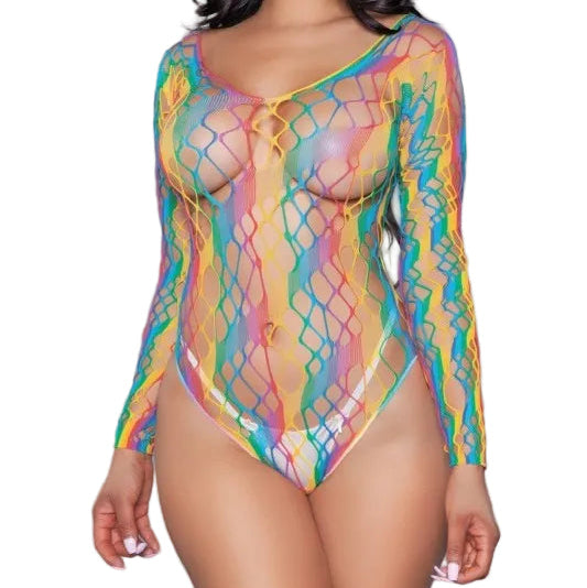 Front view of woman wearing rainbow diagonal web fishnet bodysuit with long sleeves