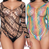 Comparison of black and rainbow diagonal web fishnet bodysuits showing front detail