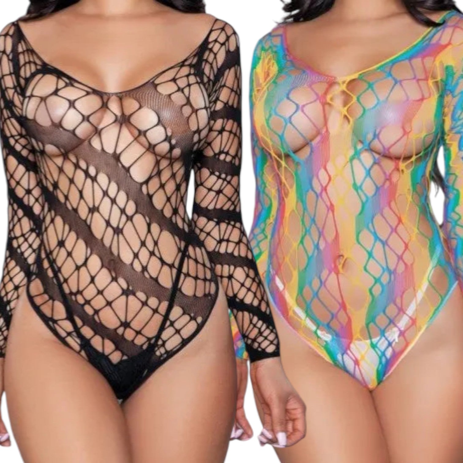 Comparison of black and rainbow diagonal web fishnet bodysuits showing front detail