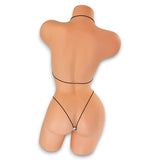 Back view of Checkerboard YinYang micro 'kini on mannequin showing black elastic string ties and g-string back