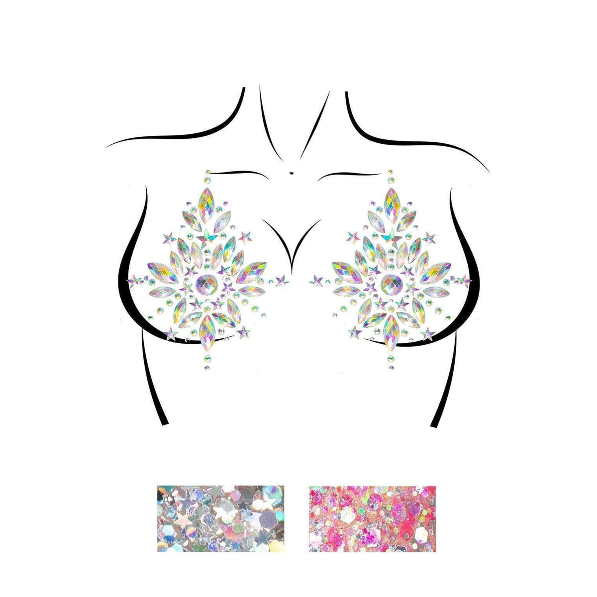 Flat lay view of clear iridescent rhinestone pasties with silver and pink body glitter - Golddiggers Boutique