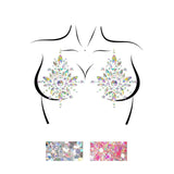 Flat lay view of clear iridescent rhinestone pasties with silver and pink body glitter - Golddiggers Boutique