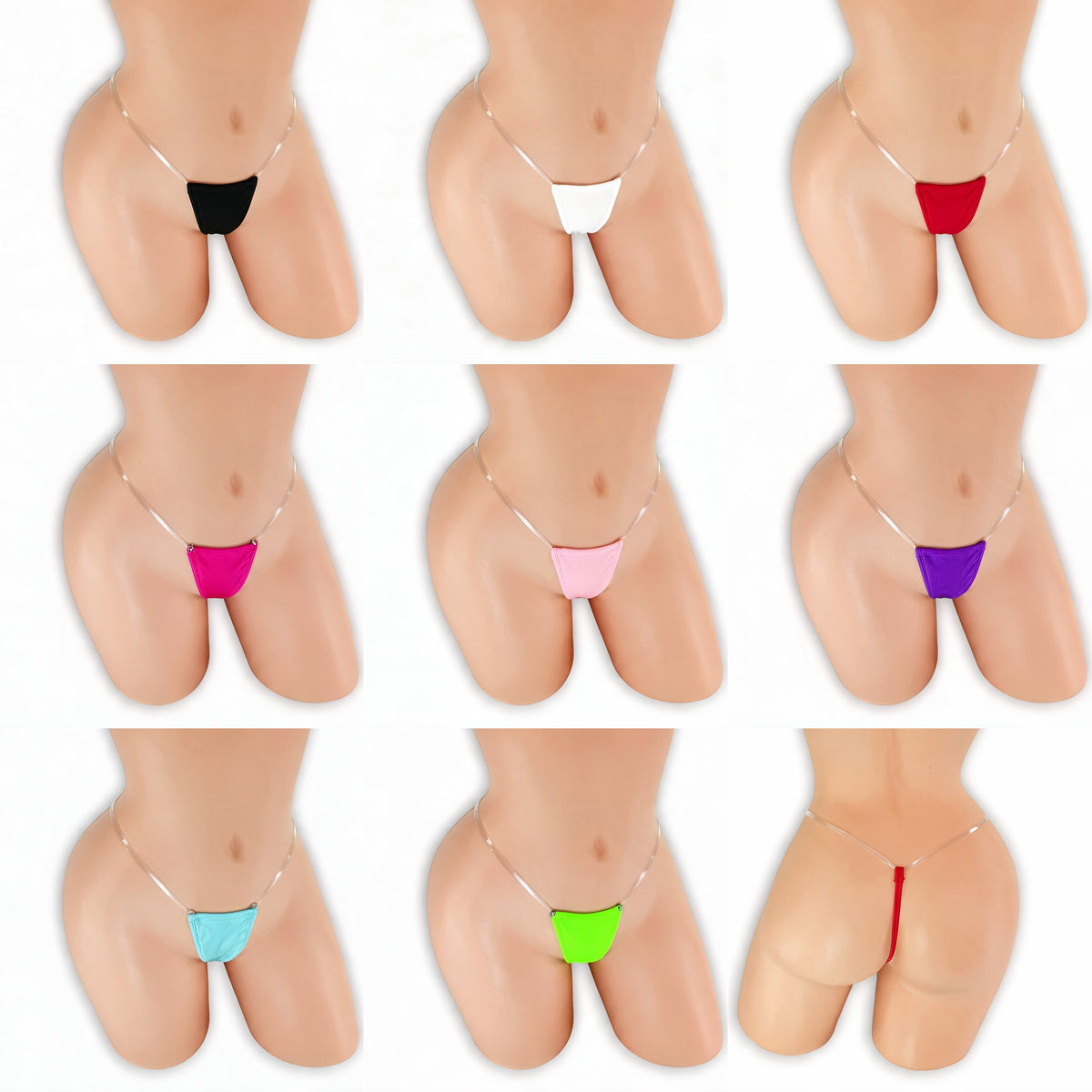 Clear Strap G-String on mannequin in all 8 colors, Golddiggers Boutique