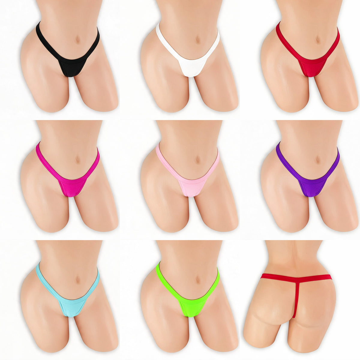 Comfort Strap T-Back Thong on mannequin in all 8 colors, Golddiggers Boutique