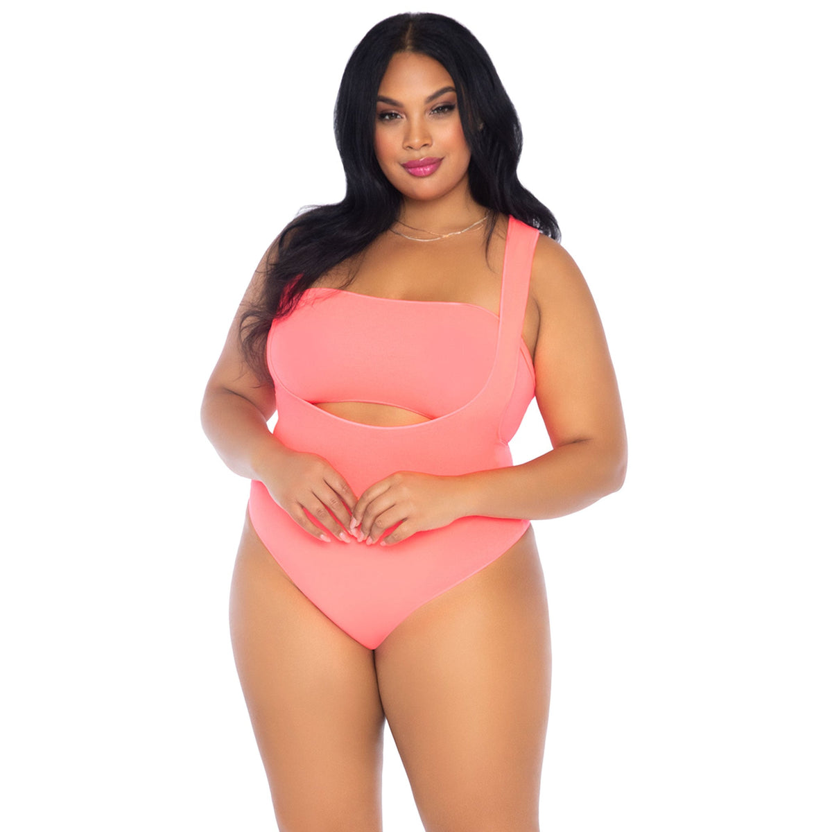 Close-up front view of coral Kiara plus size bandeau and suspender bodysuit - Golddiggers Boutique
