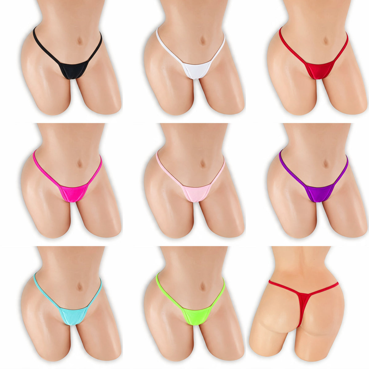 Covered Strap T-Back Thong on mannequin in all 8 colors, Golddiggers Boutique