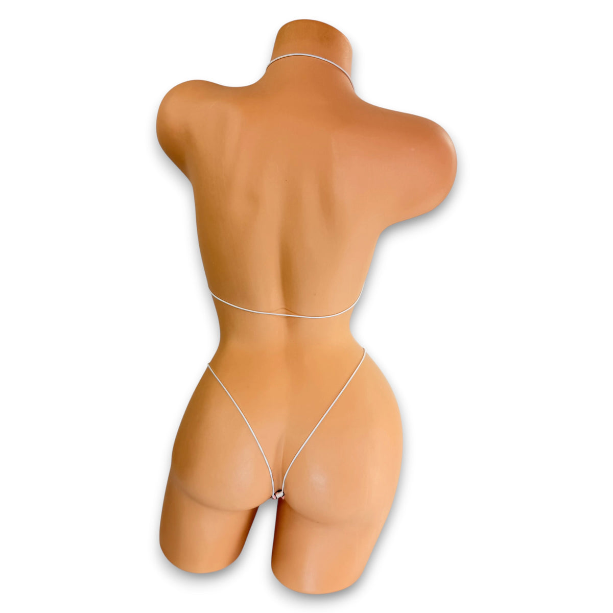 Cream cowgirl print micro 'kini on mannequin, back view showing white strings and g-string - Golddiggers Boutique