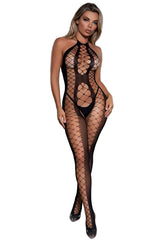 Dezy black fishnet halter bodystocking angled front view — Golddiggers Boutique