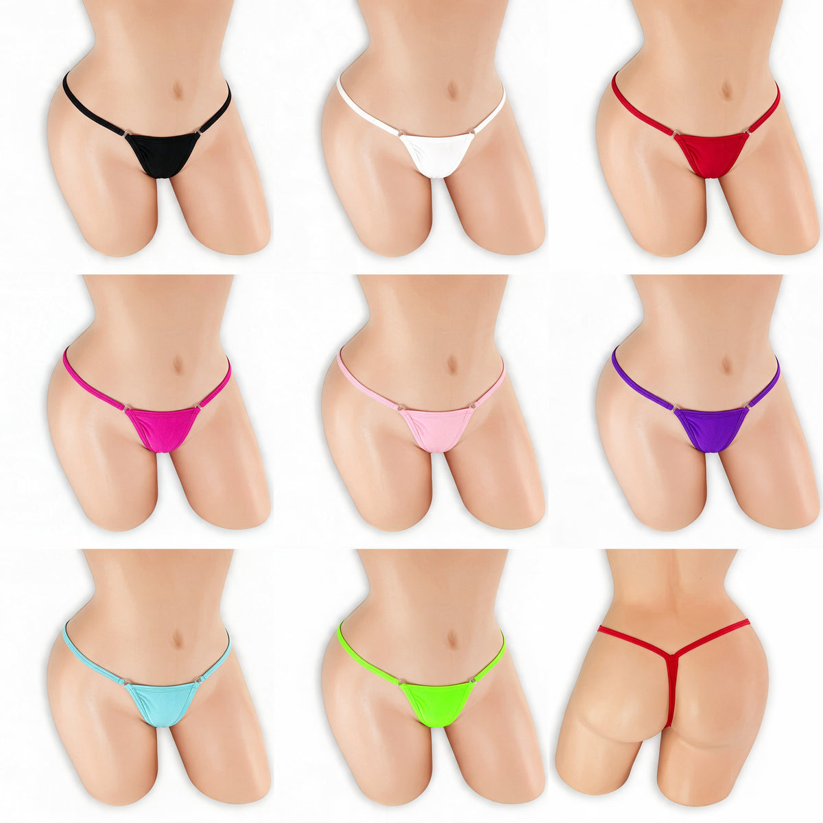 Double Clip Low Rise V-Back Thong on mannequin in all 8 colors, Golddiggers Boutique