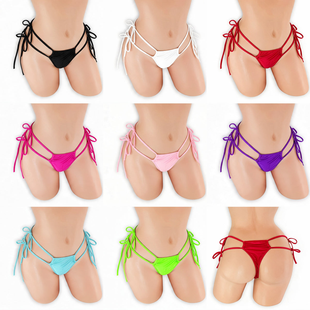 Double Strap Tie Side T-Back Thong on mannequin in all 8 colors, Golddiggers Boutique