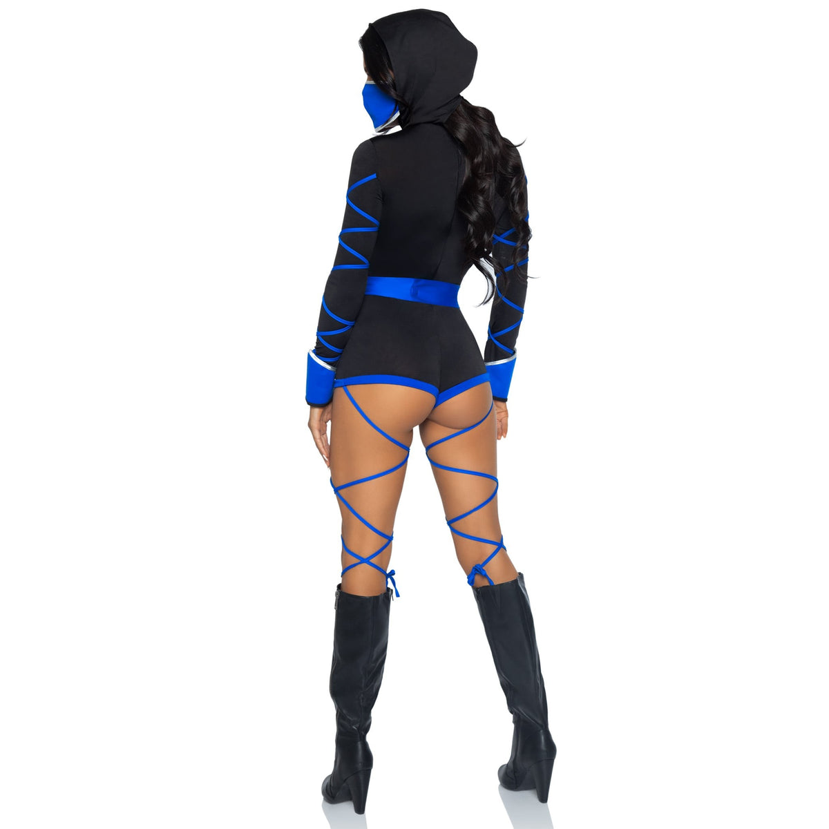 Detail view of blue dragon ninja costume hooded romper - Golddiggers Boutique