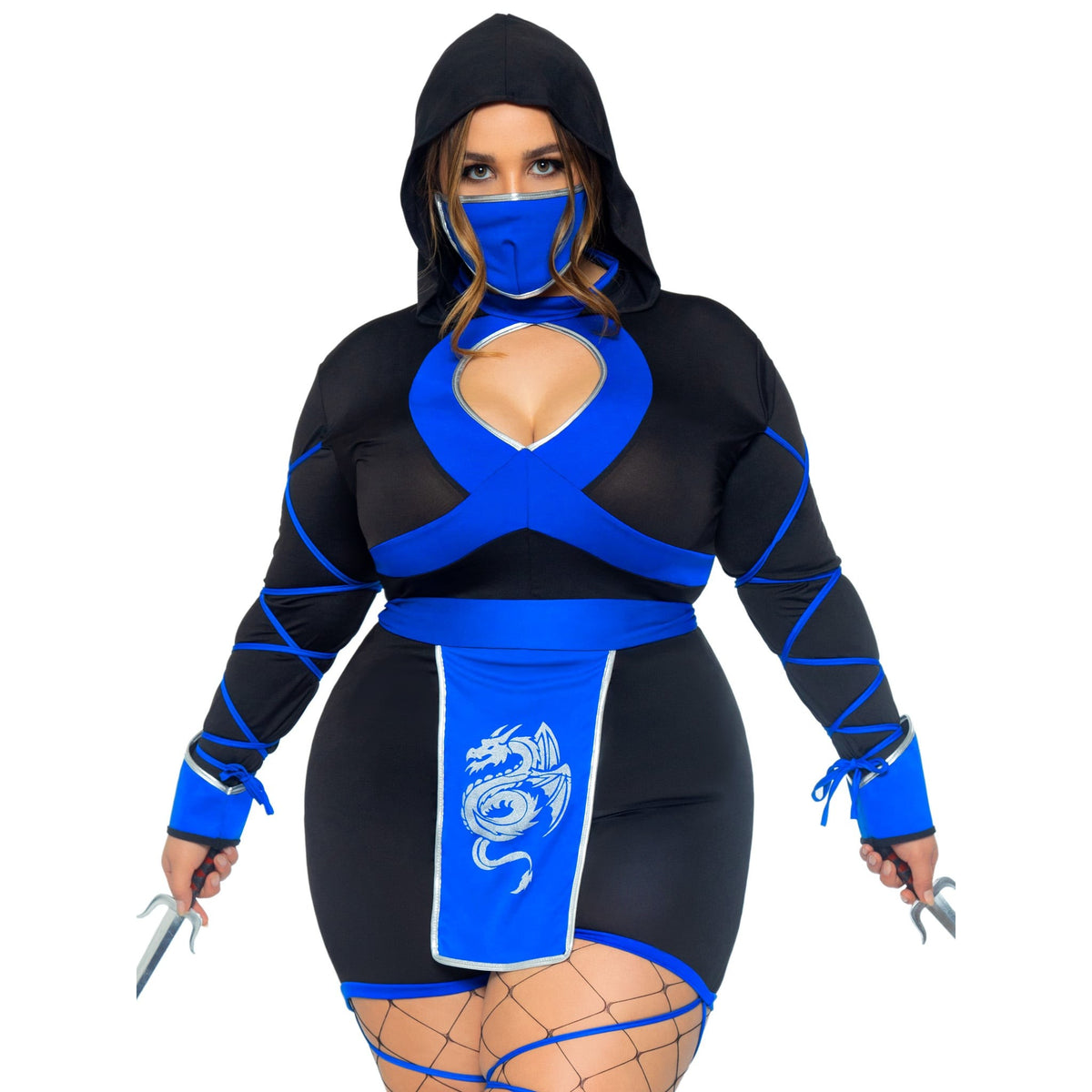 Front view of blue dragon ninja costume hooded romper in plus size - Golddiggers Boutique