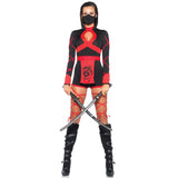 Detail view of red dragon ninja costume hooded romper - Golddiggers Boutique