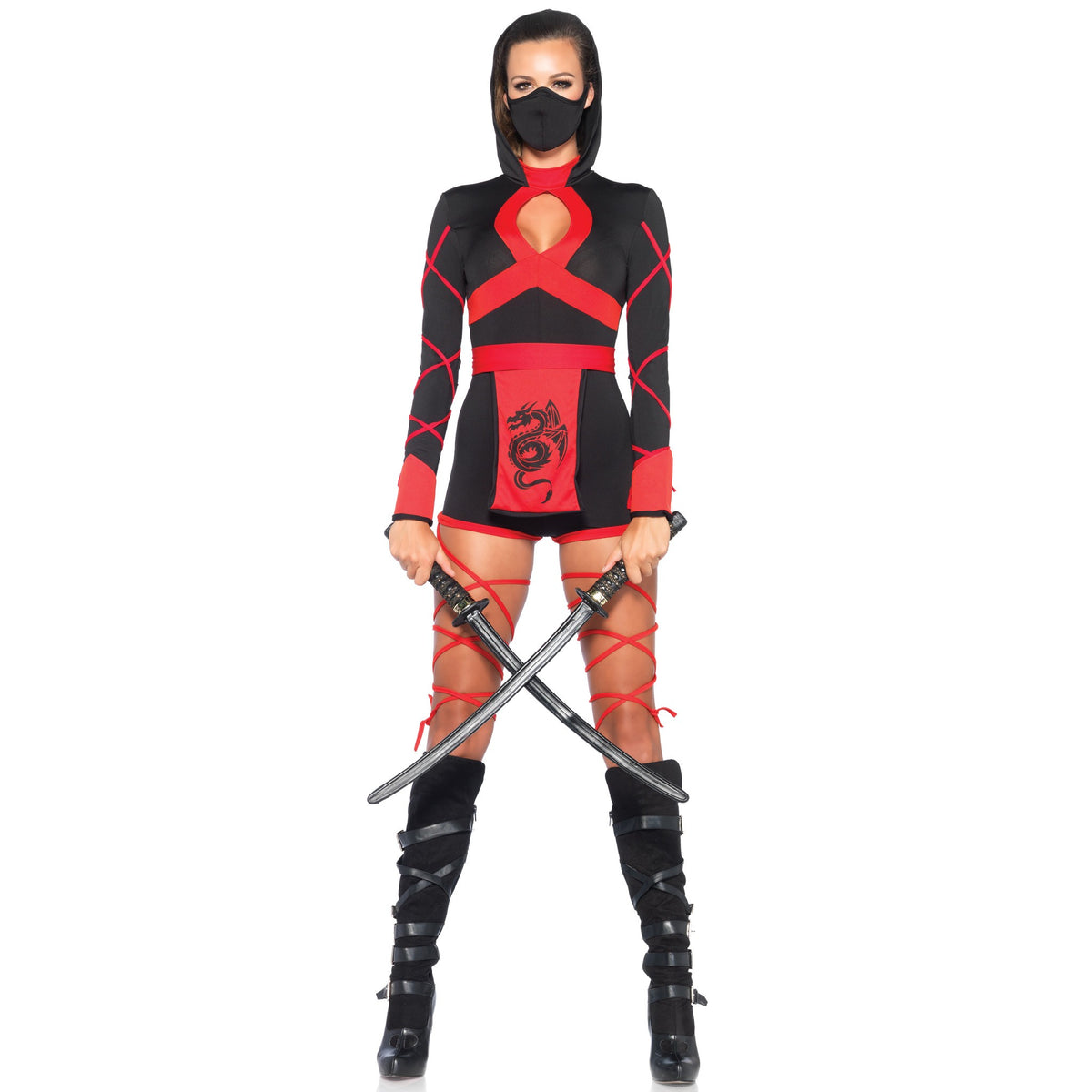 Detail view of red dragon ninja costume hooded romper - Golddiggers Boutique
