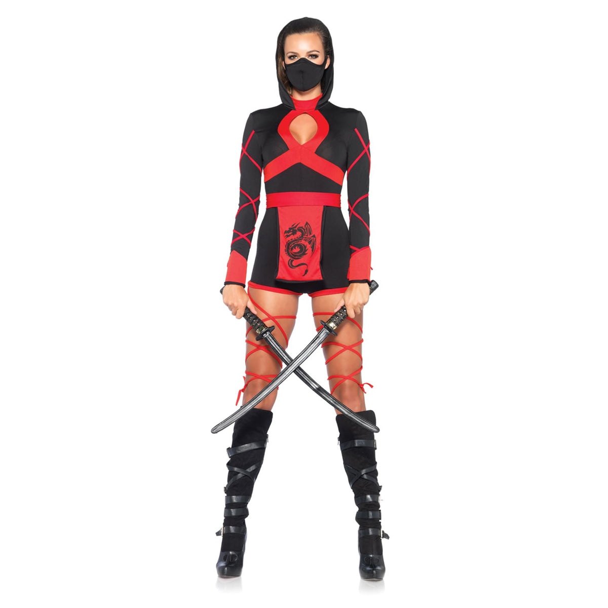 Detail view of red dragon ninja costume hooded romper - Golddiggers Boutique