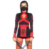 Front view of red dragon ninja costume hooded romper - Golddiggers Boutique