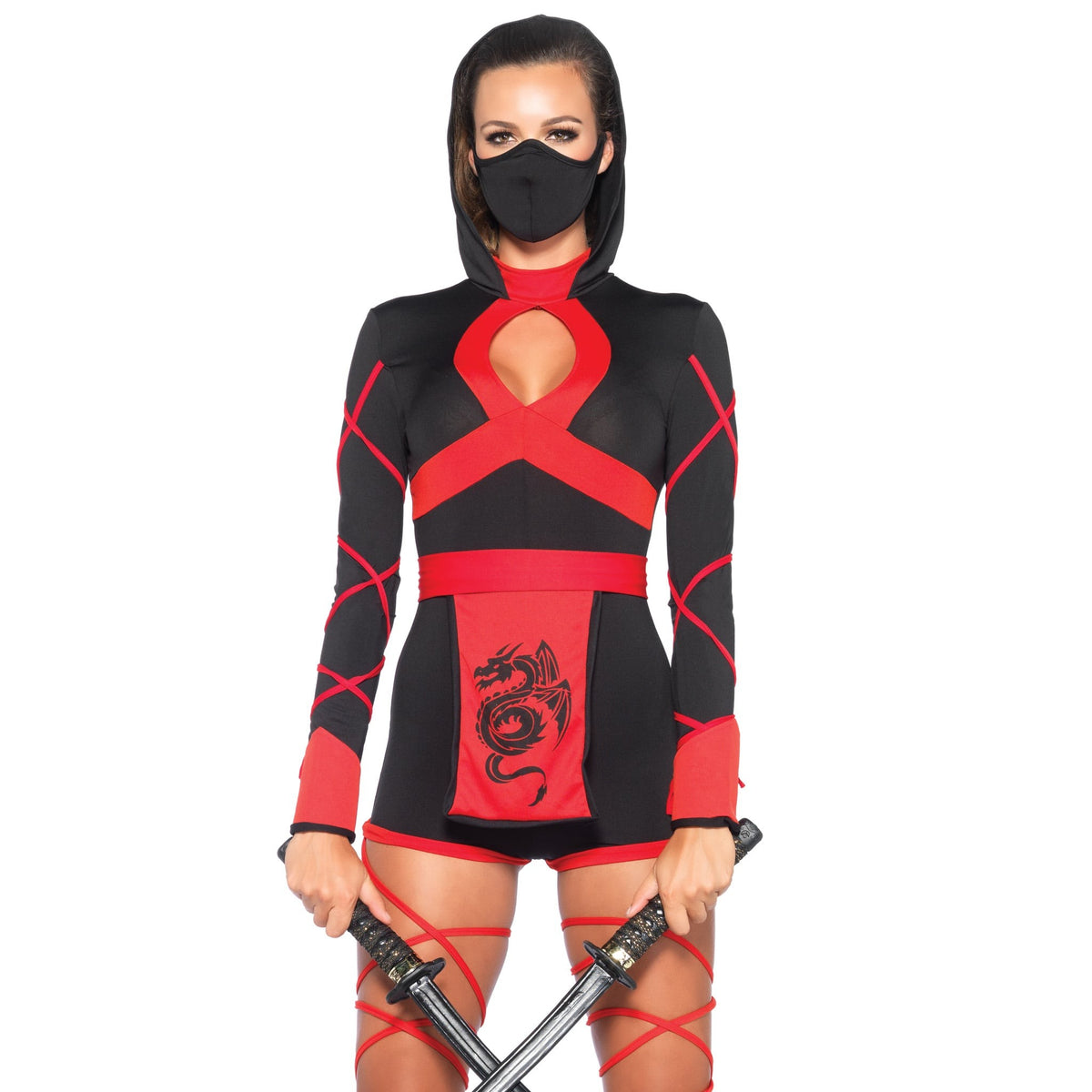 Front view of red dragon ninja costume hooded romper - Golddiggers Boutique