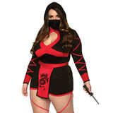 Front view of red dragon ninja costume hooded romper in plus size - Golddiggers Boutique