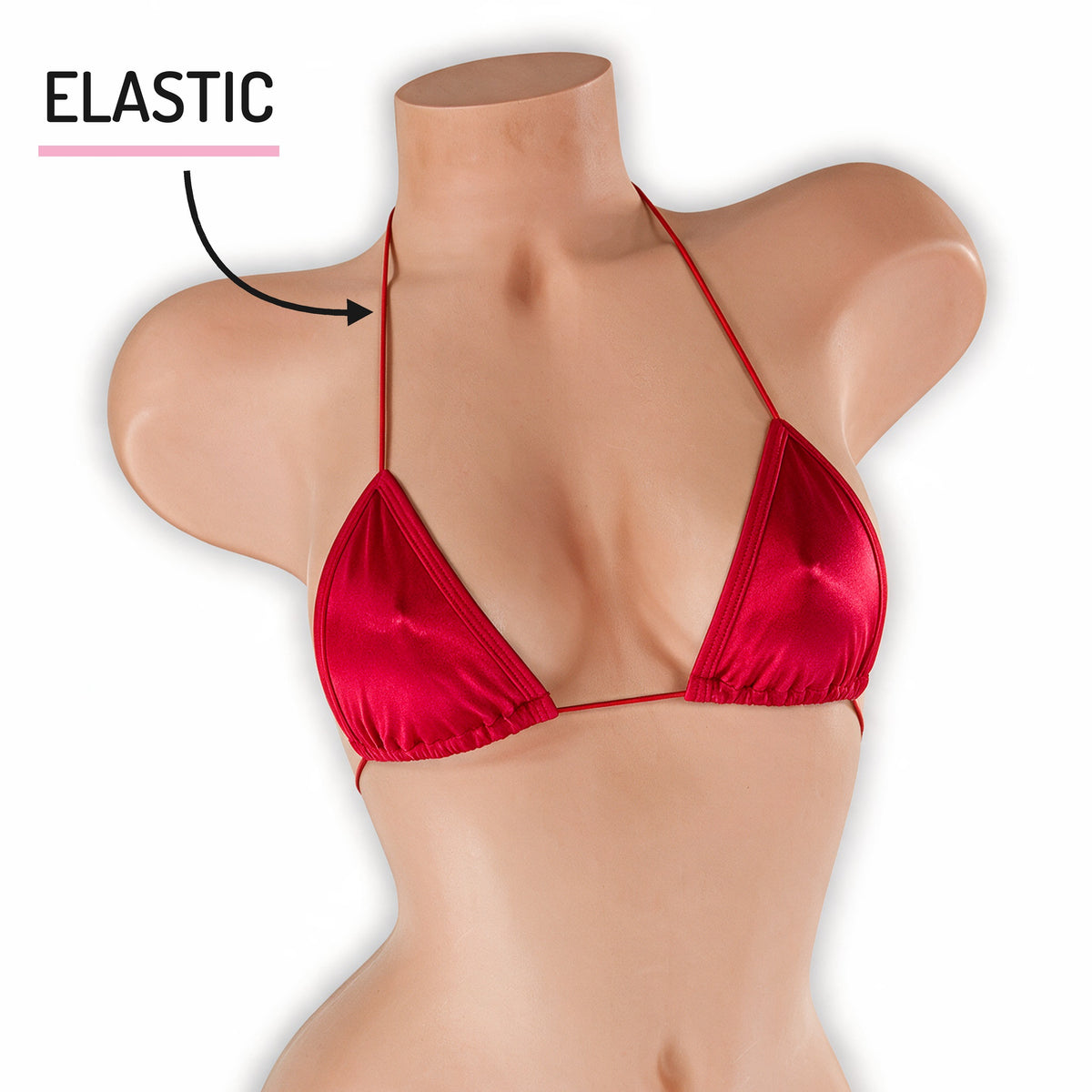 Elastic string tri top close up showing the thin elastic halter string, Golddiggers Boutique