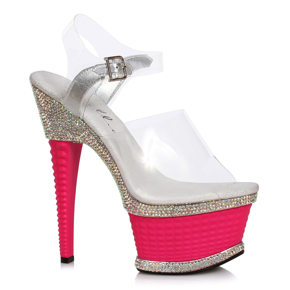 Ellie 6 inch Fuchsia Rhinestone Textured Platform Sandal, side view on white