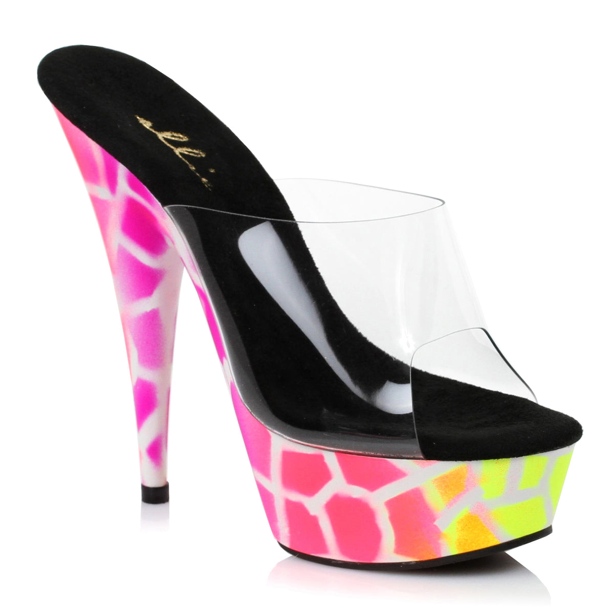 Ellie 6 inch Neon Giraffe Print Clear Platform Mule, side view on white