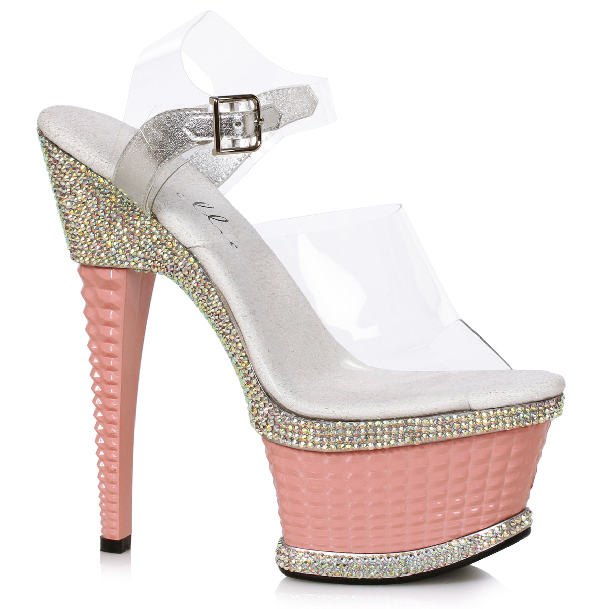 Ellie 6 inch Pink Rhinestone Textured Platform Sandal, side view on white