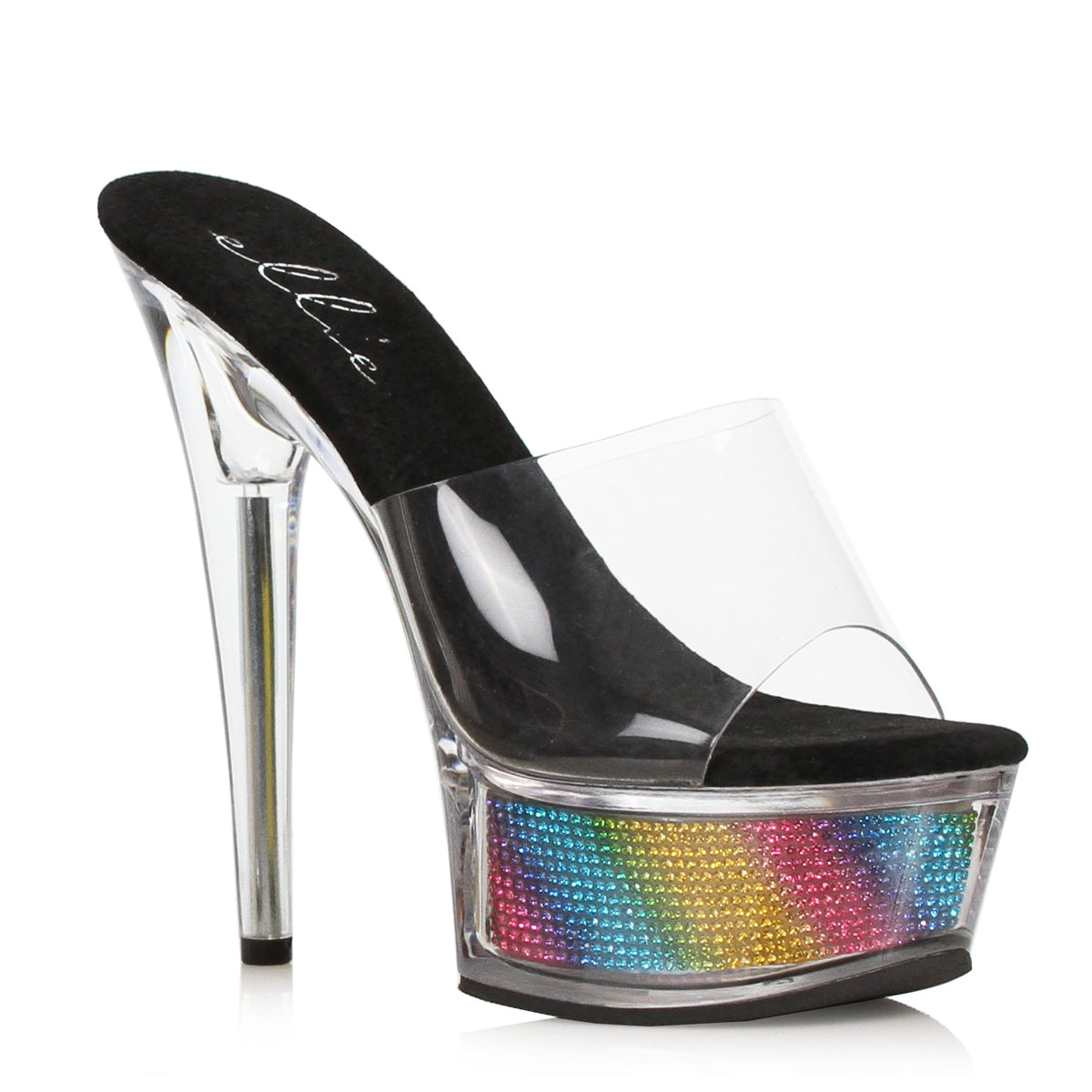 Ellie 6 inch Rainbow Rhinestone Clear Platform Slide, side view on white