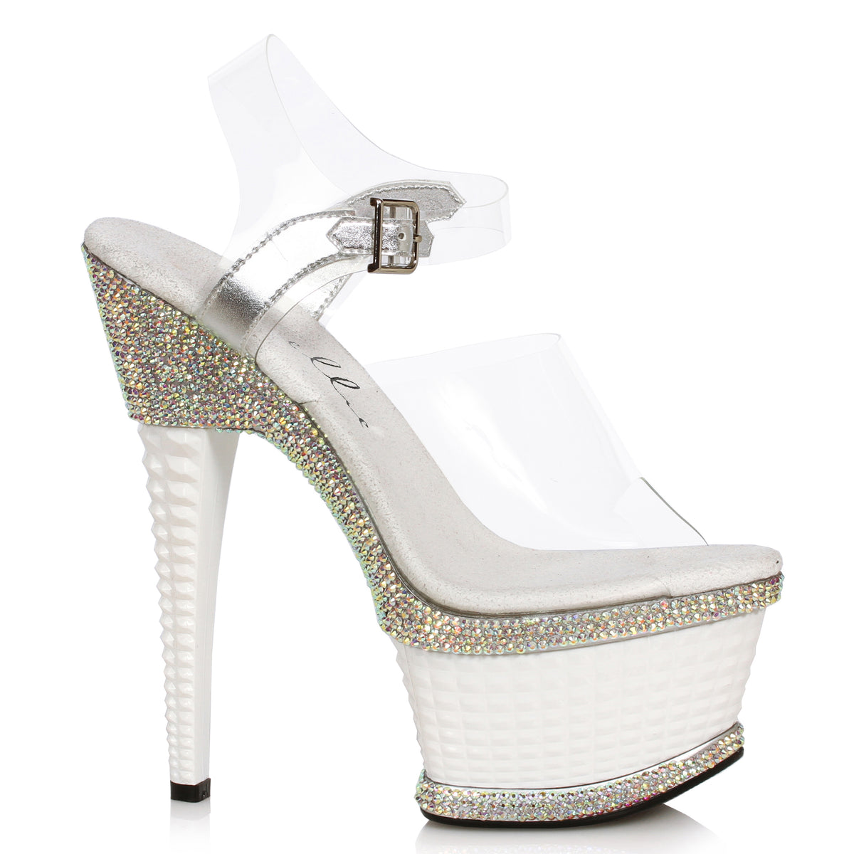 Ellie 6 inch White Rhinestone Textured Platform Sandal, side view on white