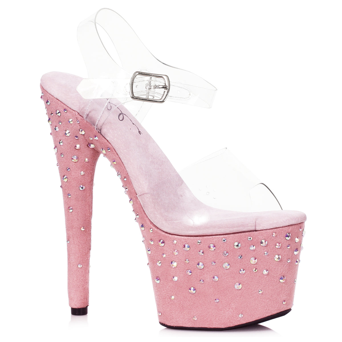 Ellie 7 inch baby pink faux suede platform sandal studded with rhinestones and clear straps, side view on white