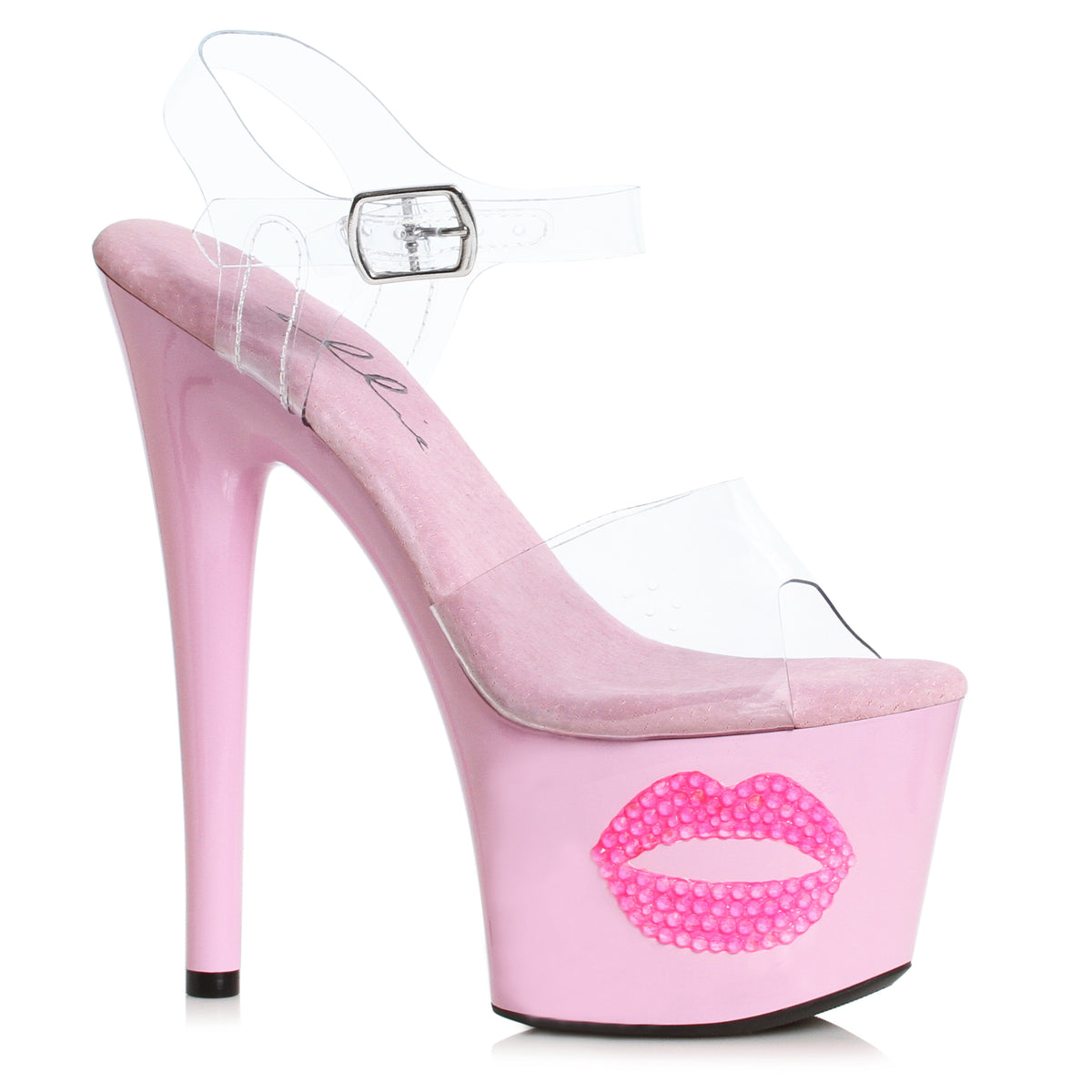 Ellie 7 inch baby pink patent platform sandal with hot pink rhinestone lips and clear ankle strap, side view on white
