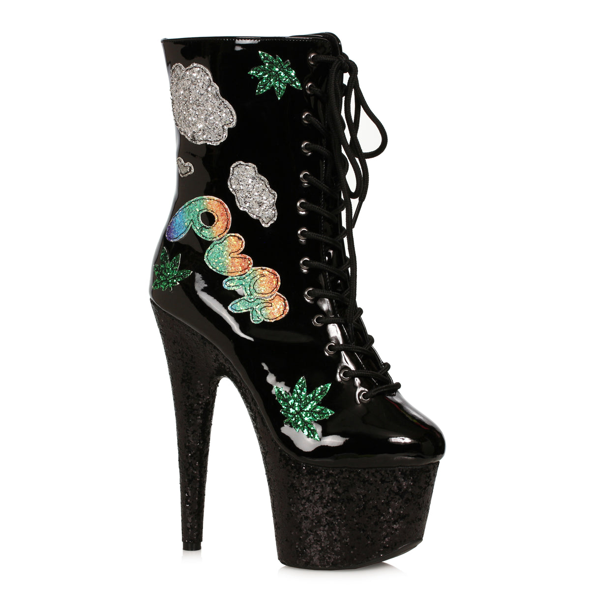 Ellie 7 inch Black 420 Patch Lace Up Platform Bootie, side view on white