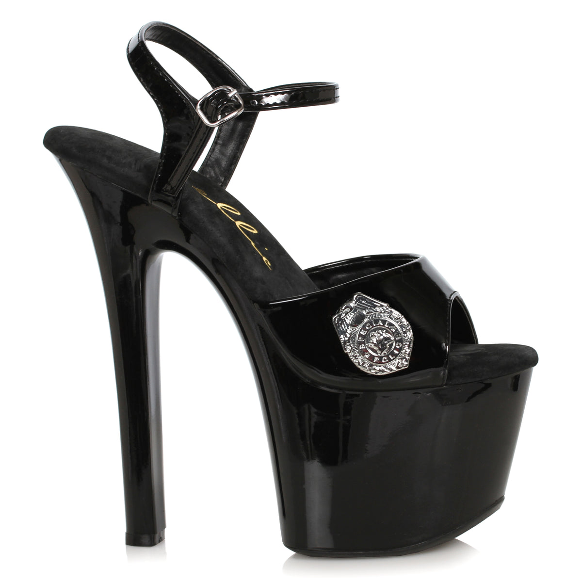 Ellie 7 inch Black Police Badge Platform Sandal, side view on white