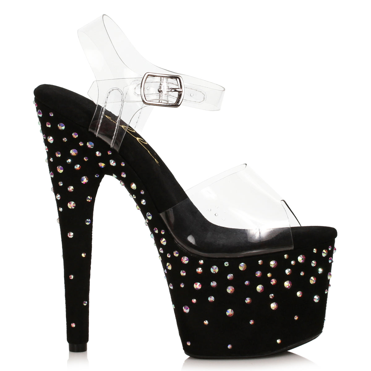 Ellie 7 inch black faux suede platform sandal studded with rhinestones and clear straps, side view on white