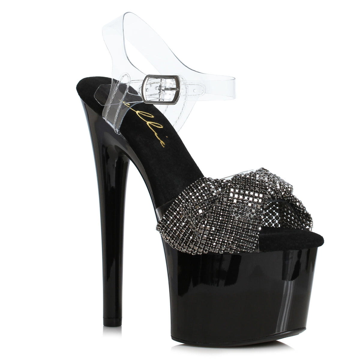 Ellie 7 inch black platform sandal with twisted black rhinestone mesh toe band and clear ankle strap, side view on white