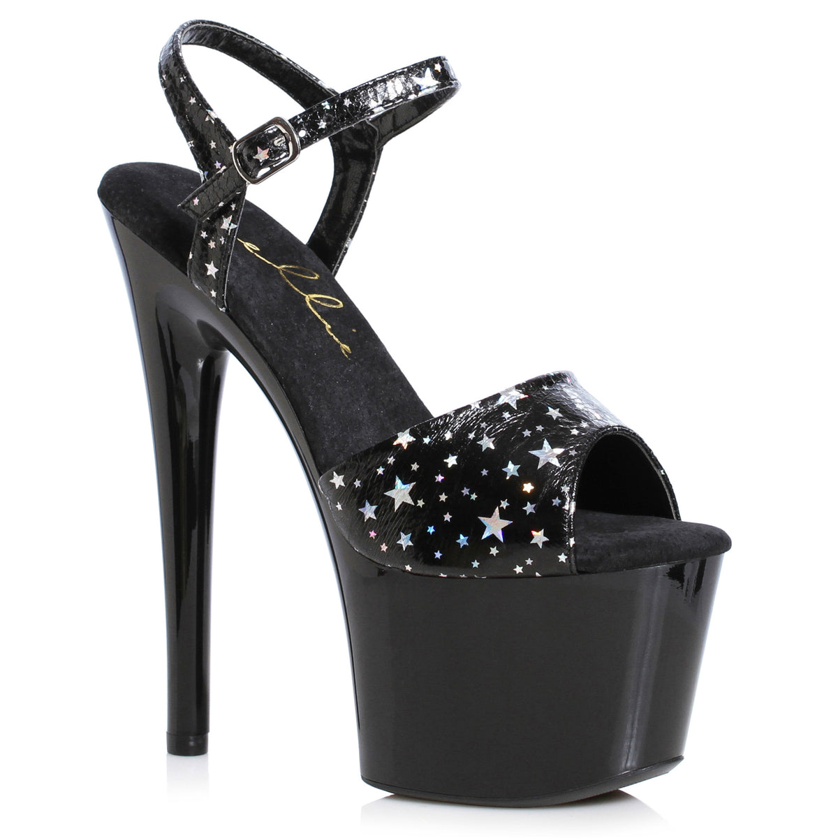 Ellie 7 inch black star print platform stiletto sandal side view on white
