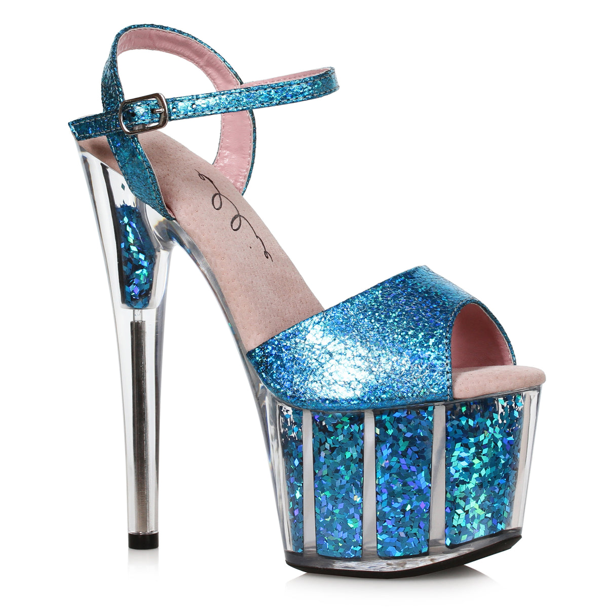 Ellie 7 inch metallic blue glitter sandal on a clear platform filled with blue holographic glitter flakes, side view on white