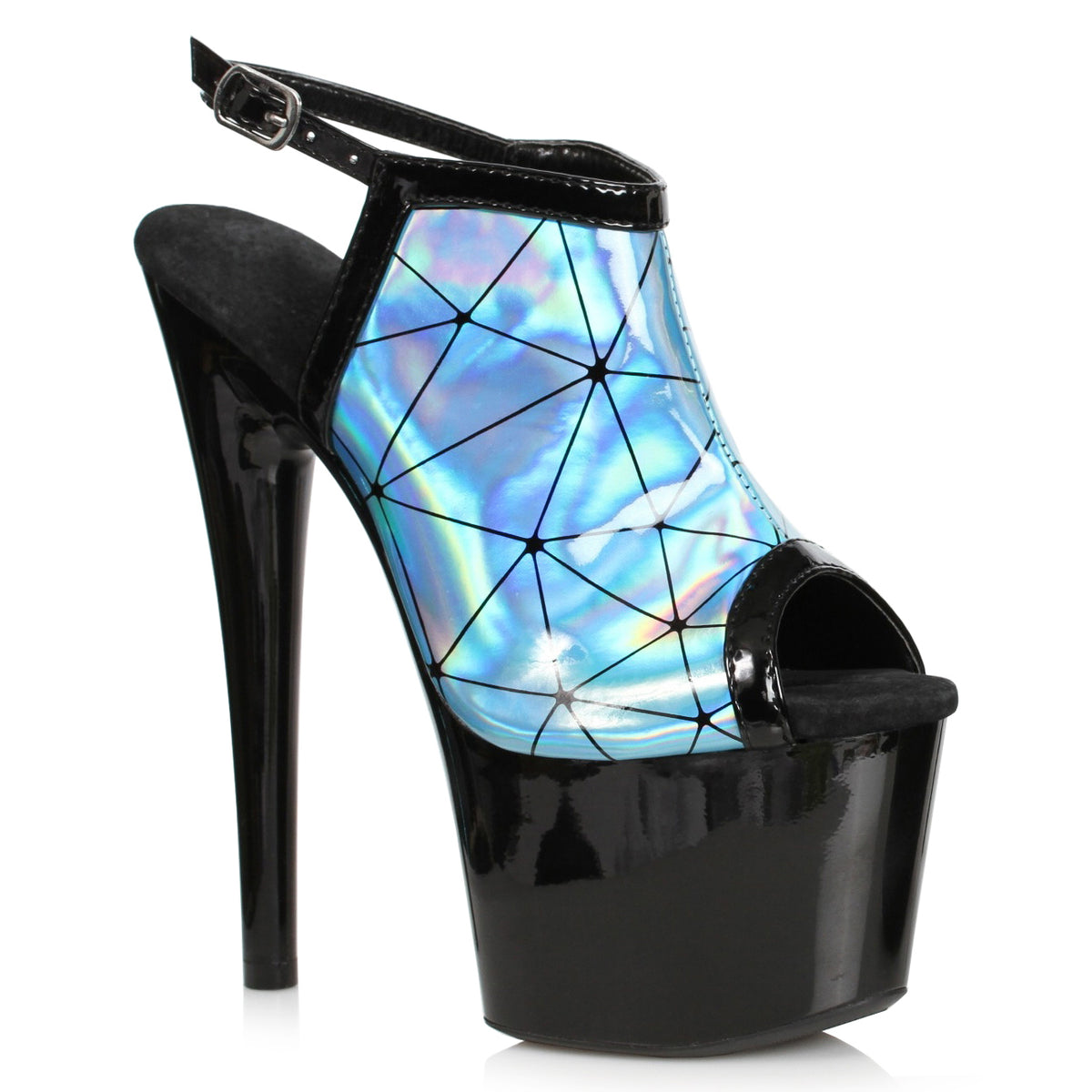 Ellie 7 inch icy blue holographic peep toe shootie with black geometric lines and black patent platform, side view on white