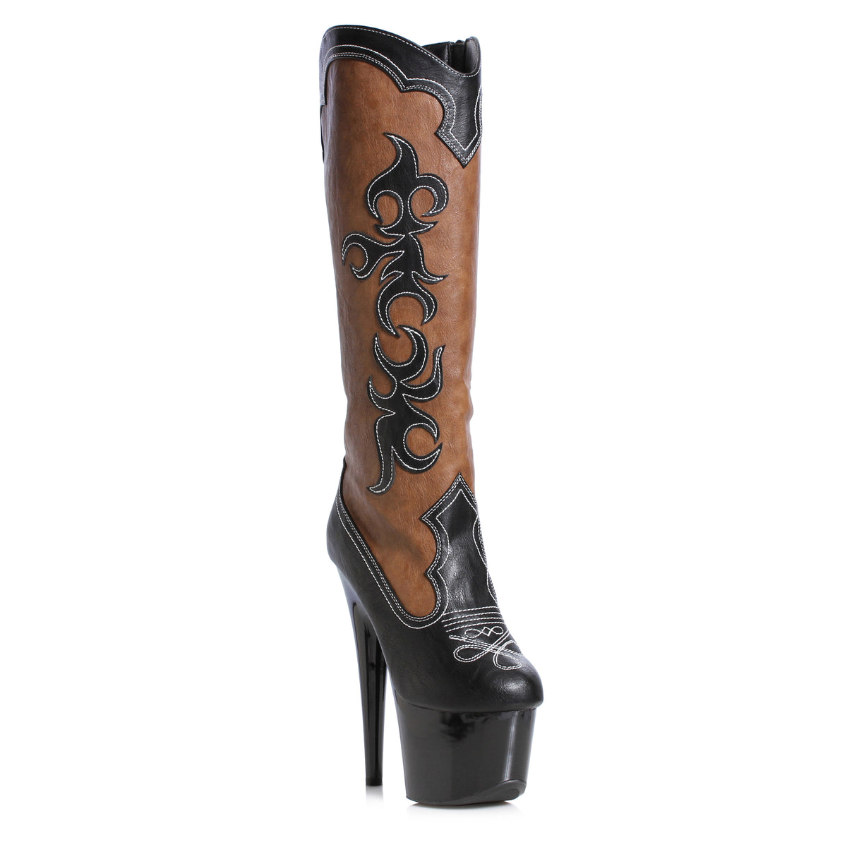 Ellie 7 inch brown and black cowgirl platform knee high boot with black western cutout design, side view on white