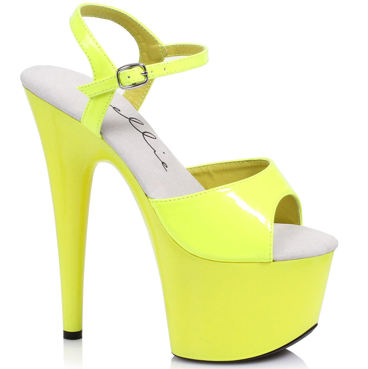 Ellie 7 inch Neon Yellow Patent Peep Toe Platform Sandal, side view on white