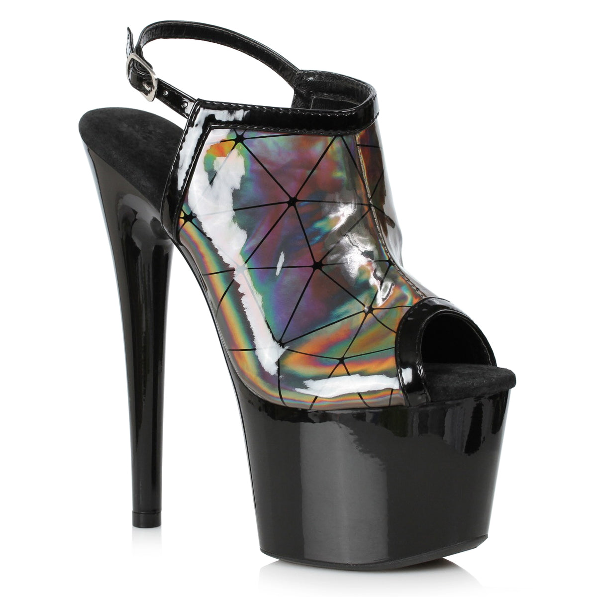 Ellie 7 inch pewter holographic peep toe shootie with black geometric lines and black patent platform, side view on white