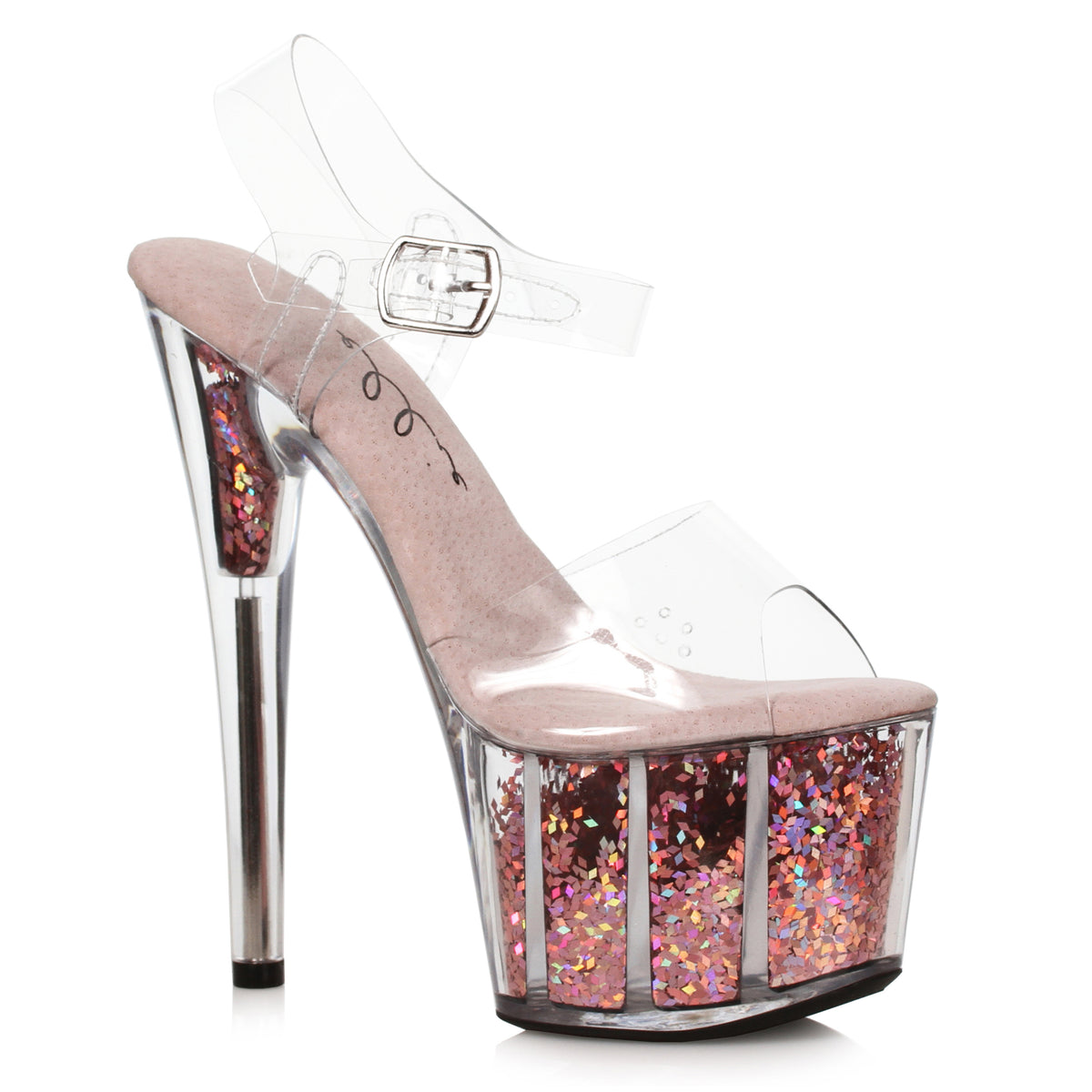 Ellie 7 inch clear strap sandal on a clear platform filled with pink holographic glitter flakes, side view on white